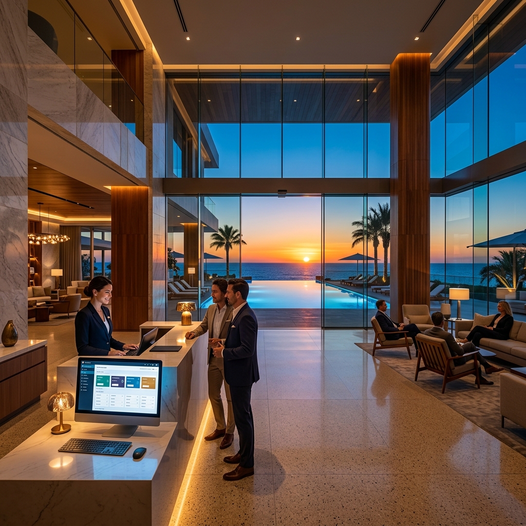 Sảnh khách sạn hiện đại với hệ thống quản lý neoHotel