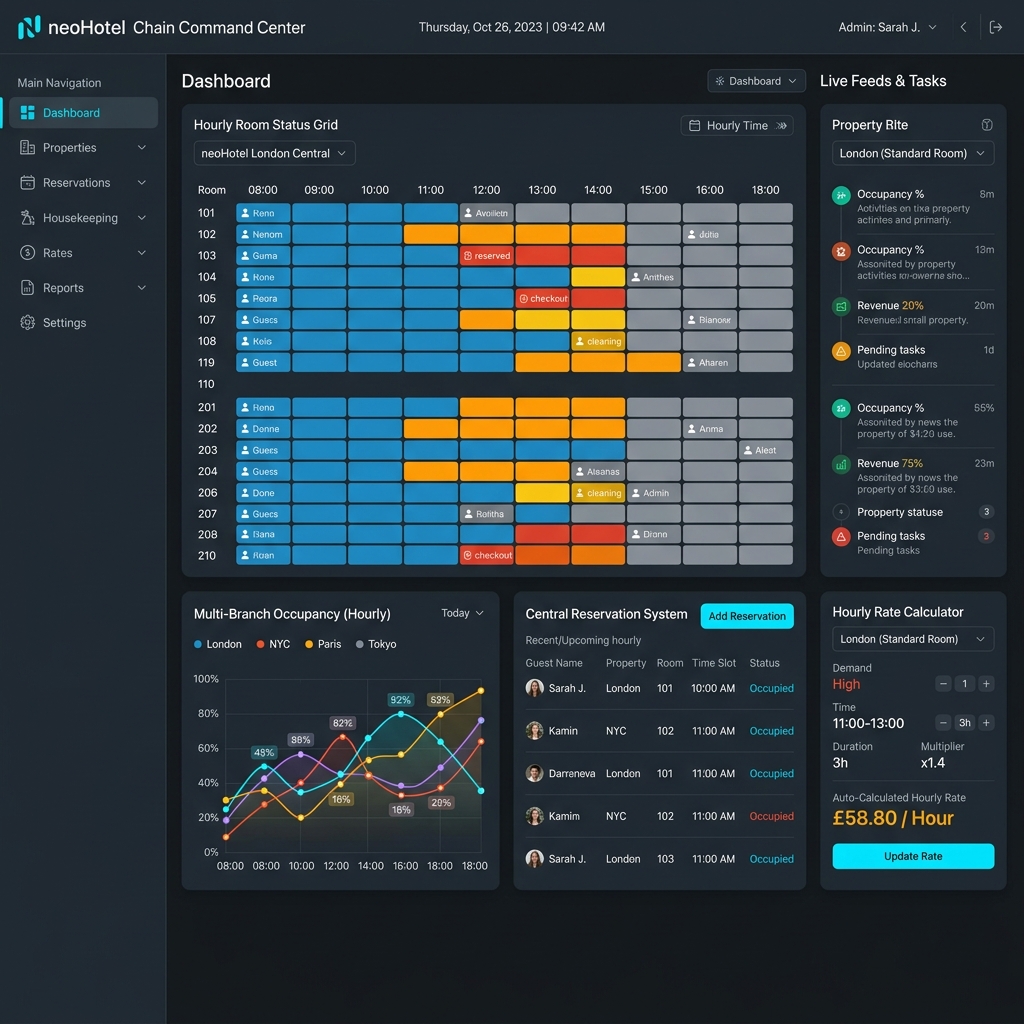 Dashboard neoHotel quản lý chuỗi khách sạn nghỉ giờ