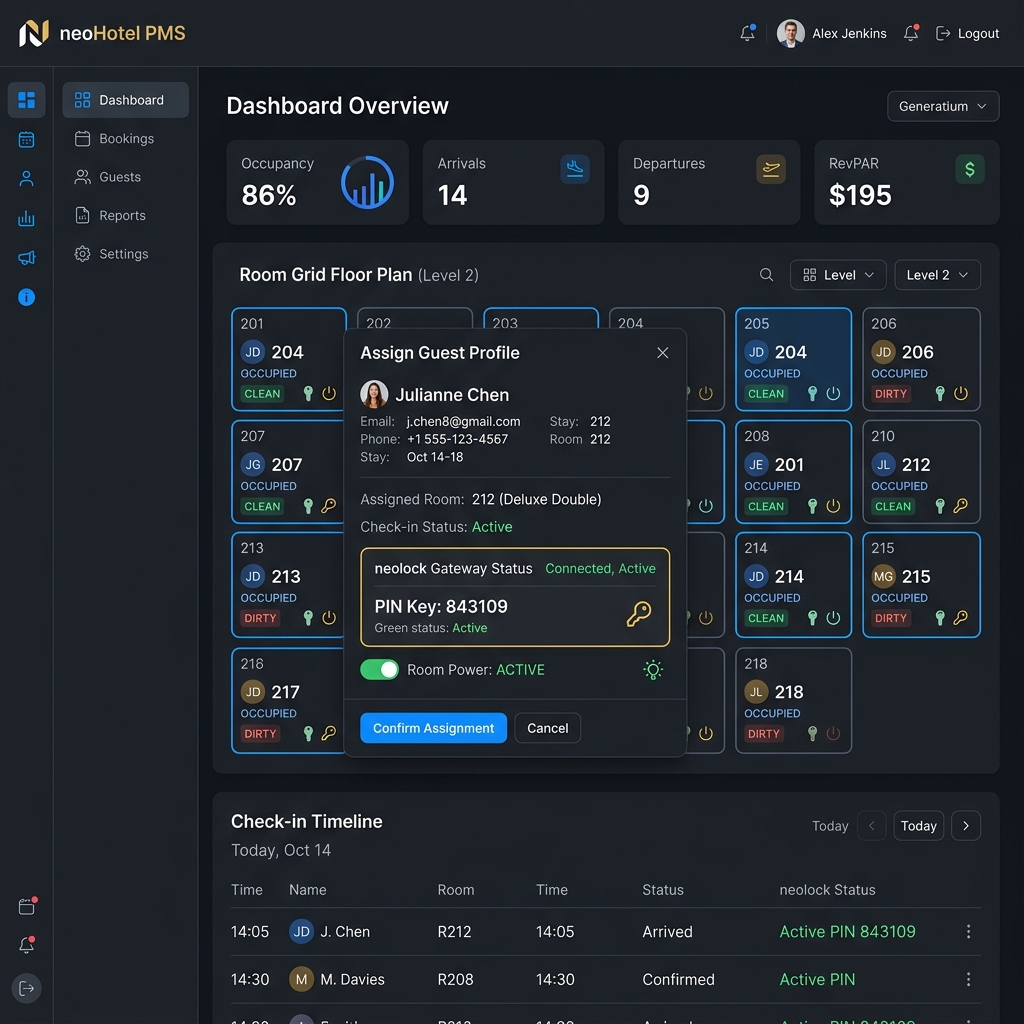 Dashboard PMS gán khách và trạng thái khóa phòng